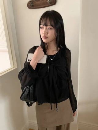 Ribbon Chiffon Girls Long Sleeve Blouse