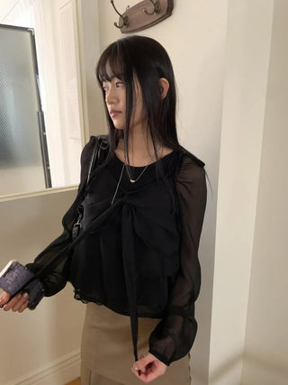 Ribbon Chiffon Girls Long Sleeve Blouse