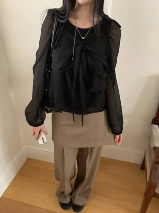 Ribbon Chiffon Girls Long Sleeve Blouse