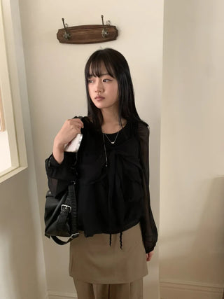 Ribbon Chiffon Girls Long Sleeve Blouse