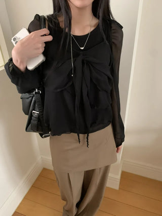 Ribbon Chiffon Girls Long Sleeve Blouse