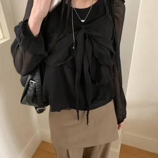 Ribbon Chiffon Girls Long Sleeve Blouse