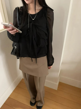 Ribbon Chiffon Girls Long Sleeve Blouse