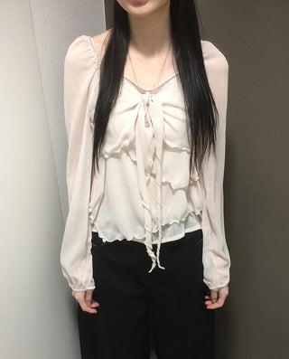 Ribbon Chiffon Girls Long Sleeve Blouse