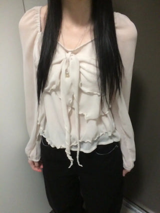 Ribbon Chiffon Girls Long Sleeve Blouse