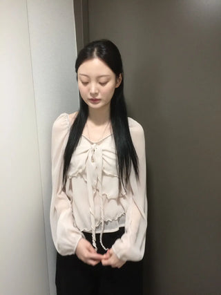 Ribbon Chiffon Girls Long Sleeve Blouse