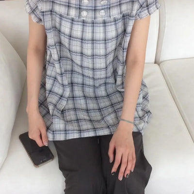Summer Check Double-Button Vintage Wave Long Short Sleeve Blouse