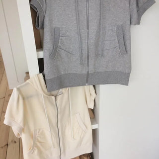 Puff Shirred Half-Pocket Short-Sleeve Zip-Up Hoodie