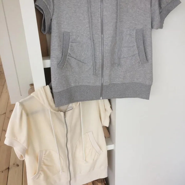 Puff Shirred Half-Pocket Short-Sleeve Zip-Up Hoodie