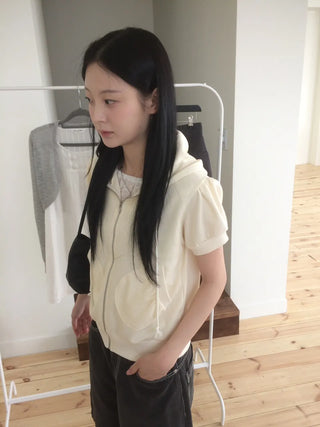 Puff Shirred Half-Pocket Short-Sleeve Zip-Up Hoodie