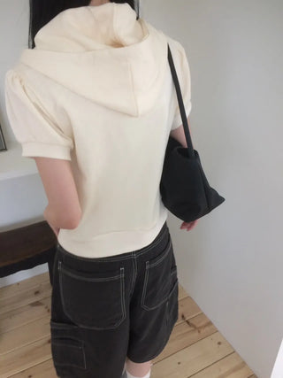 Puff Shirred Half-Pocket Short-Sleeve Zip-Up Hoodie