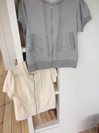 Puff Shirred Half-Pocket Short-Sleeve Zip-Up Hoodie