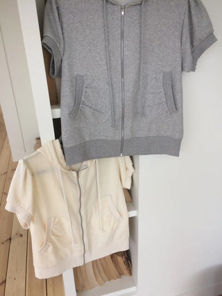 Puff Shirred Half-Pocket Short-Sleeve Zip-Up Hoodie