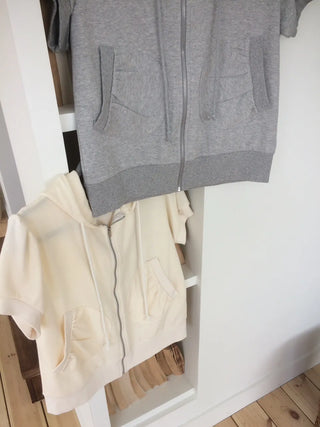Puff Shirred Half-Pocket Short-Sleeve Zip-Up Hoodie