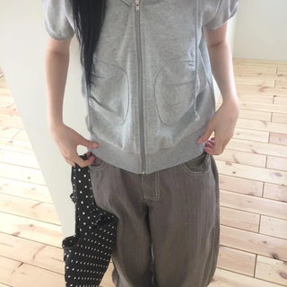 Puff Shirred Half-Pocket Short-Sleeve Zip-Up Hoodie