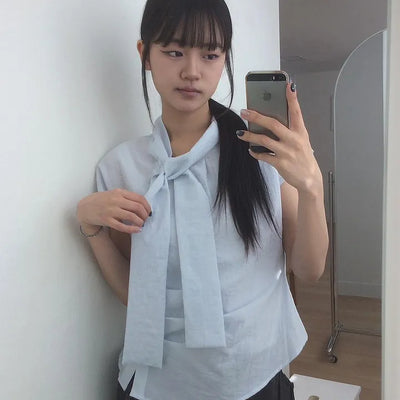 Tie Short Sleeve Shirred Slim Fit Blouse