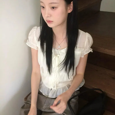 Square Frill Button Lovely See-through Short Sleeve Blouse