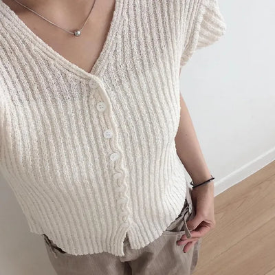 V-neck Boucle Button Daily Knit Short Sleeve