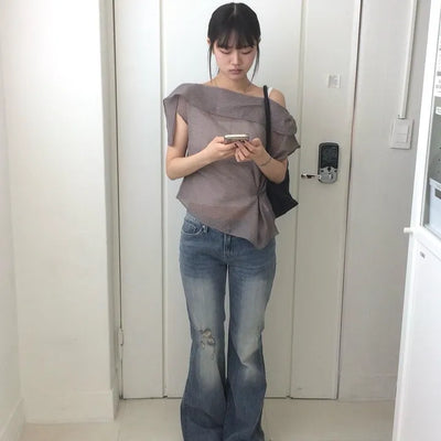 Vintage Low Ripped Medium Blue Bootcut Denim