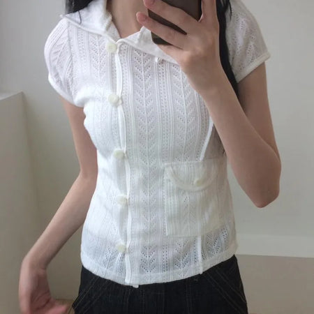 Americana Short Sleeve Button High-Neck Pocket Knit Cardigan