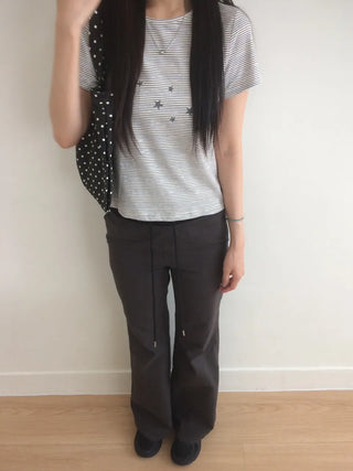 Contrast Rivet Bootcut Ribbed Pants