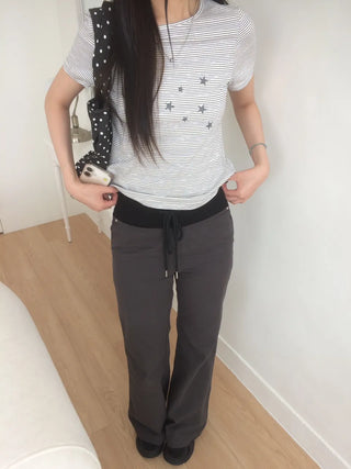Contrast Rivet Bootcut Ribbed Pants