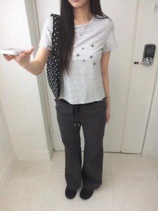 Contrast Rivet Bootcut Ribbed Pants