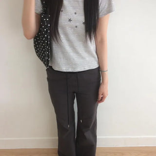 Contrast Rivet Bootcut Ribbed Pants