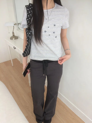 Contrast Rivet Bootcut Ribbed Pants