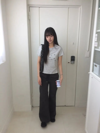 Contrast Rivet Bootcut Ribbed Pants