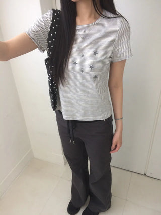 Contrast Rivet Bootcut Ribbed Pants