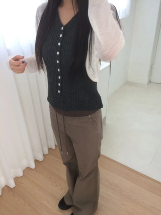 Contrast Rivet Bootcut Ribbed Pants