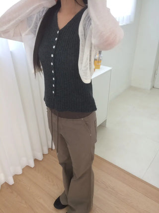 Contrast Rivet Bootcut Ribbed Pants