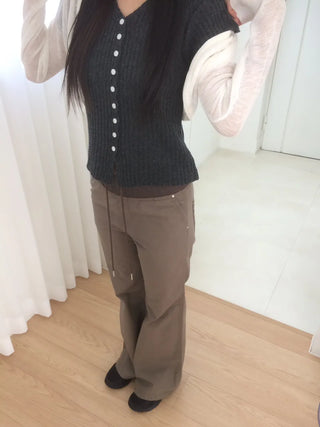 Contrast Rivet Bootcut Ribbed Pants