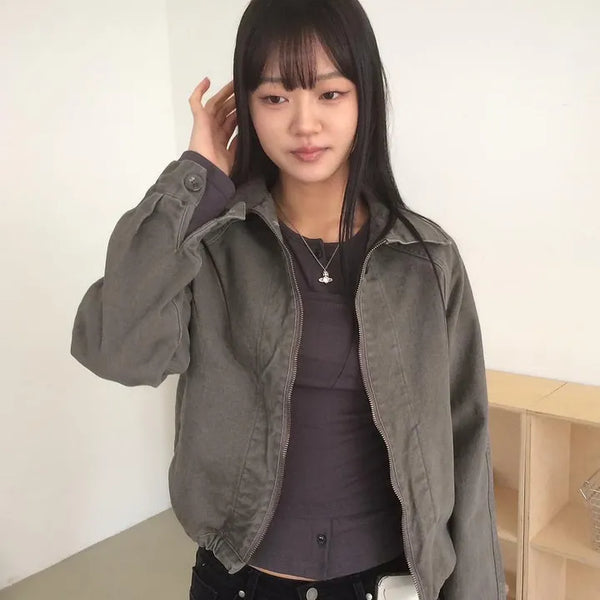 Vintage Washed Zipper Button Short Jacket
