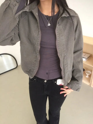 Vintage Washed Zipper Button Short Jacket