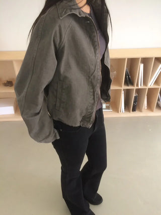 Vintage Washed Zipper Button Short Jacket