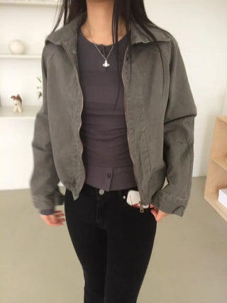 Vintage Washed Zipper Button Short Jacket