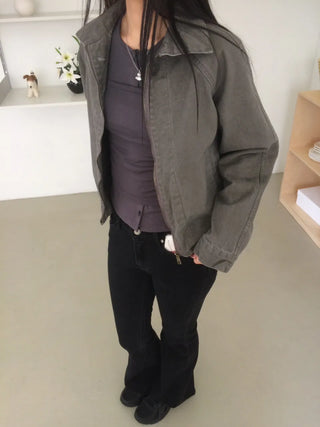 Vintage Washed Zipper Button Short Jacket