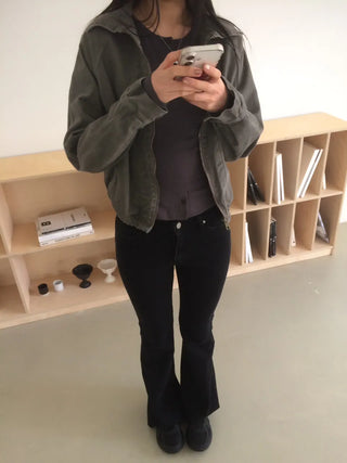 Vintage Washed Zipper Button Short Jacket