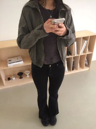 Vintage Washed Zipper Button Short Jacket