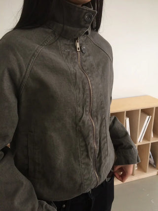 Vintage Washed Zipper Button Short Jacket