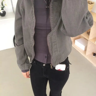 Vintage Washed Zipper Button Short Jacket