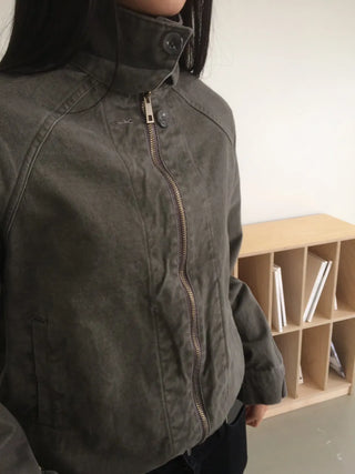 Vintage Washed Zipper Button Short Jacket
