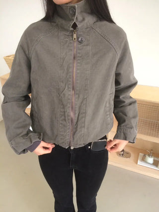 Vintage Washed Zipper Button Short Jacket