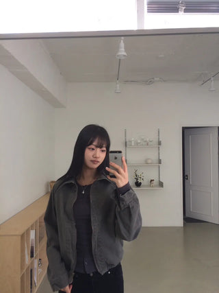 Vintage Washed Zipper Button Short Jacket
