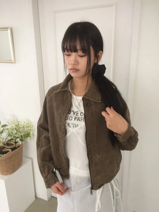 Vintage Washed Zipper Button Short Jacket