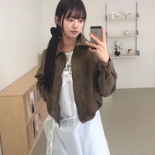 Vintage Washed Zipper Button Short Jacket