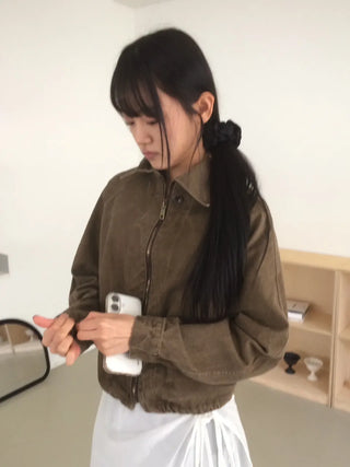 Vintage Washed Zipper Button Short Jacket