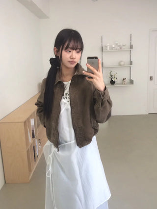 Vintage Washed Zipper Button Short Jacket